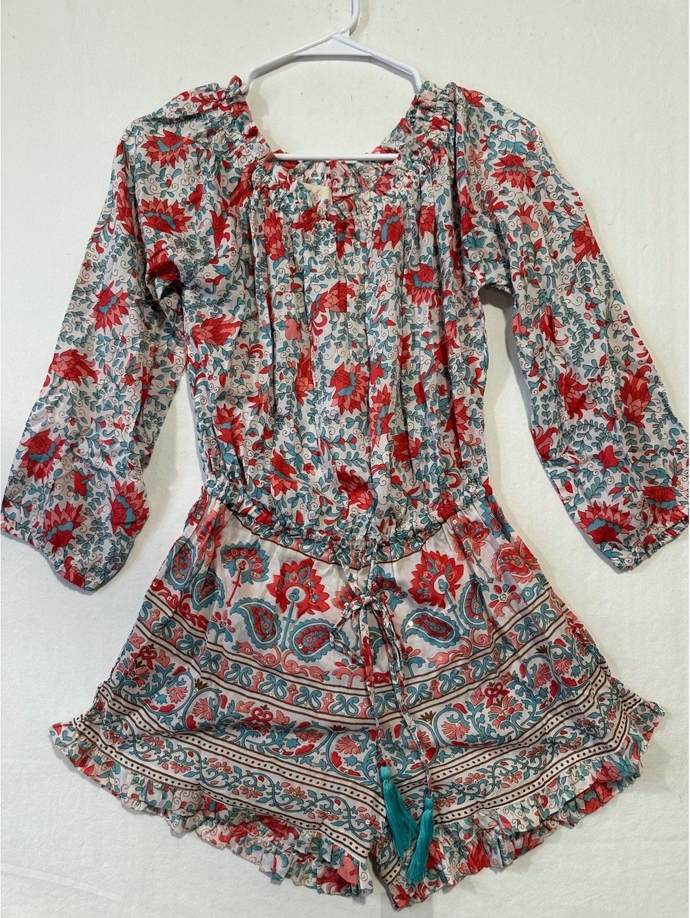 Miss June Paris Floral Paisley Romper Vintage Boho Rayon Embellished Tassel